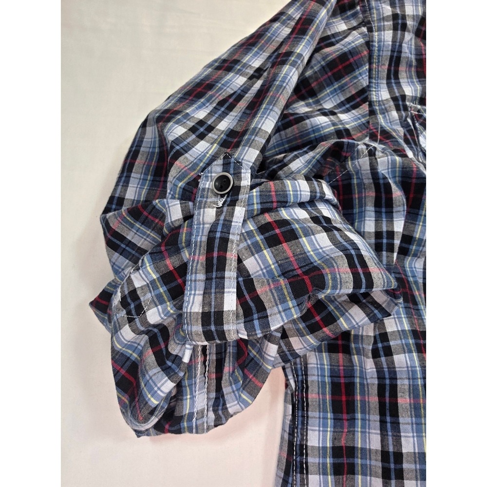 Eighty Eight Mens Large Plaid Button Down Shirt Blue Black Utility Roll Tab L - Picture 6 of 6